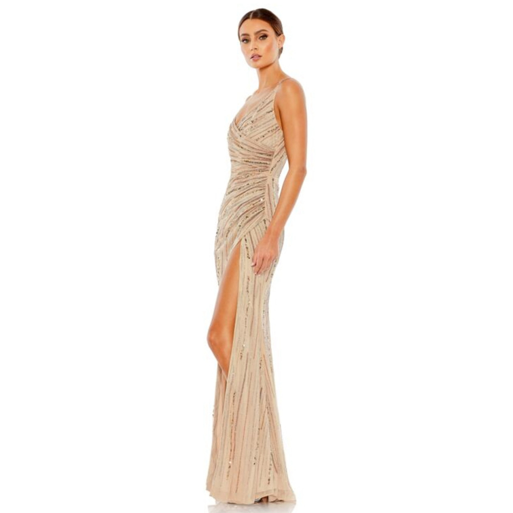 Mac Duggal Nude Surplice Front High Slit Dress, 10 - Picture 3 of 5